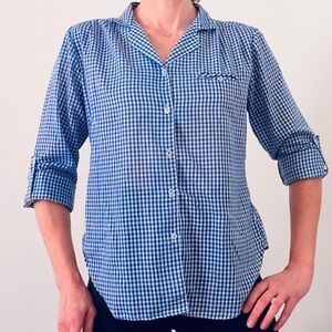 Blue Gingham Blouse Laura Mae Tab Sleeve Vintage